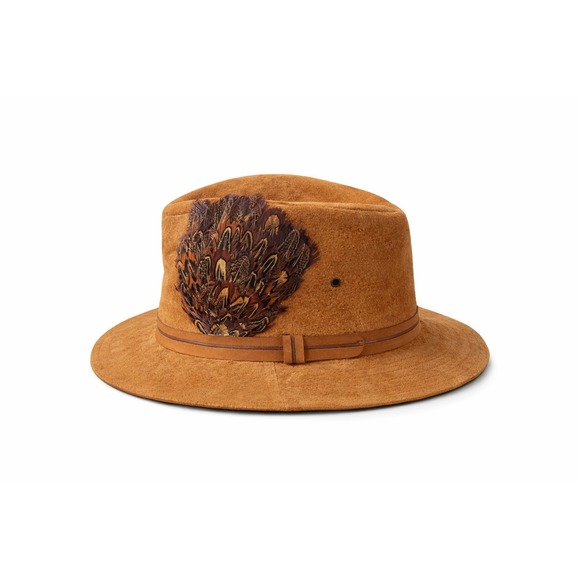 Hatsune Miku Other - Vintage Suede Fedora Hat Pheasant Feather Trim USA Made Boho Western